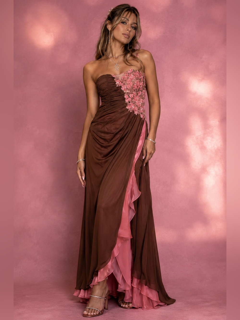 VTG Alyce Designs Strapless Brown & Pink Floral Appliqué Evening Gown